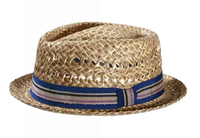 Pork pie Palmgeflecht mit gestreiften Hutband Blau