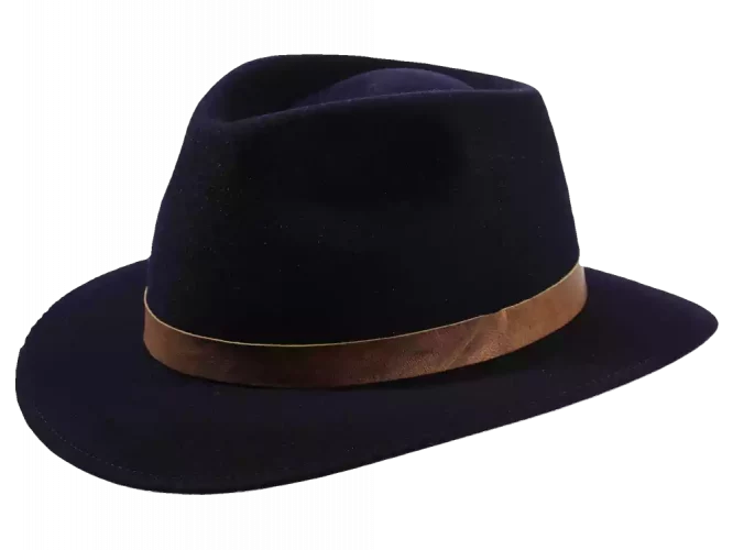 Fedora blauer Traveler Hut mit Hirsch-Ledergarnitur