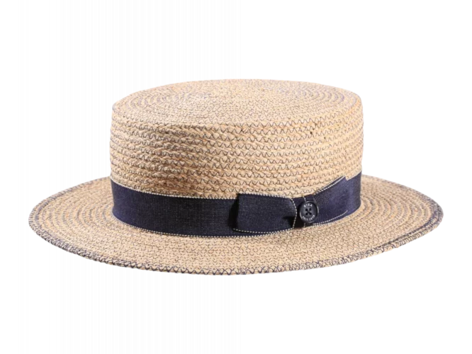 Strohhut Canotier Stil aus Raffia mit blauem Hutband