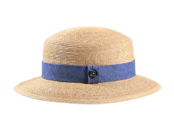 Cloche-Hut aus Naturstroh mit Leinenband in Blau oder Sand