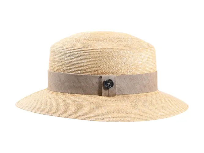 Cloche-Hut aus Naturstroh mit Leinenband in Blau oder Sand
