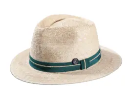 Naturstrohhut Fedora mit petrolfarbenem Band und Risa Knopf