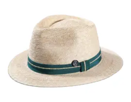 Naturstrohhut Fedora mit petrolfarbenem Band und Risa Knopf