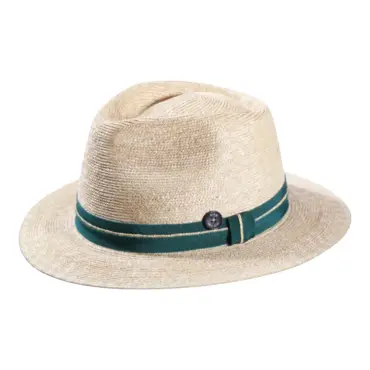 Naturstrohhut Fedora mit petrolfarbenem Band und Risa Knopf