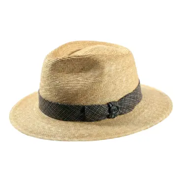 Fedora Sommerhut aus Weizenstroh mit karierter Seidengarnitur und Risa-Knopf
