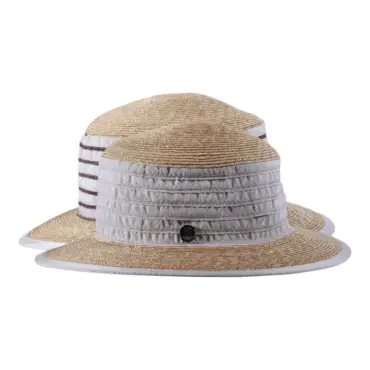 Damen Sommerhut aus Stroh und Leinen mit Leinenbändern und breiter Krempe