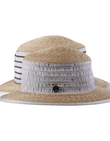 Damen Sommerhut aus Stroh und Leinen mit Leinenbändern und breiter Krempe