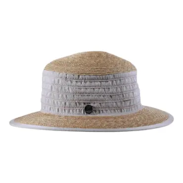Damen Sommerhut aus Stroh und Leinen mit Leinenbändern und breiter Krempe