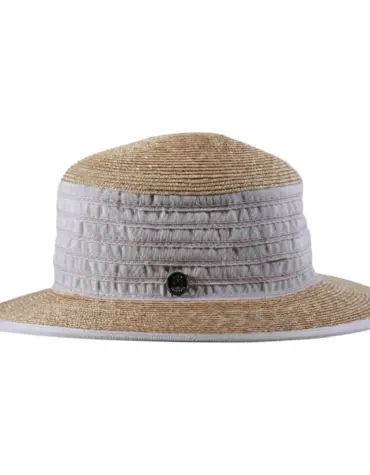 Damen Sommerhut aus Stroh und Leinen mit Leinenbändern und breiter Krempe