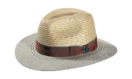 Fedora Sommerhut aus Panama- und Weizenstroh mit braunem Hutband und hellblauer Krempenkante