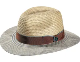 Fedora Sommerhut aus Panama- und Weizenstroh mit braunem Hutband und hellblauer Krempenkante
