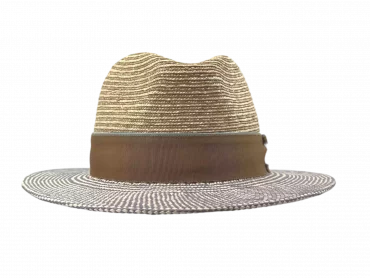Fedora Sommerhut aus Panama- und Weizenstroh mit braunem Hutband und hellblauer Krempenkante