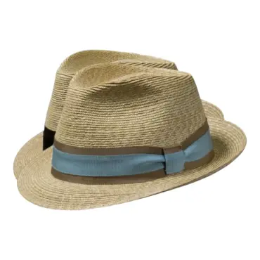 Strohhut Trilby aus Weizenstroh mit gestreiftem Rebsband und Masche