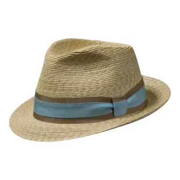 Strohhut Trilby aus Weizenstroh mit gestreiftem Rebsband und Masche