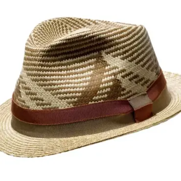 Trilby Strohhut mit gezacktem Panama-Muster und Rebsband in Cognac