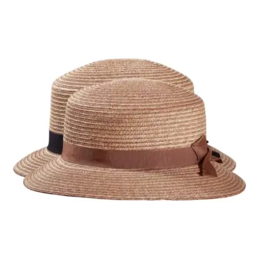 Damen Cloche-Hut aus Weizenstroh mit marineblauem bzw. nougatfarbenem Rebsband
