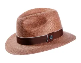 Fedora Strohhut in Nougat mit braunem Band und Risa Knopf
