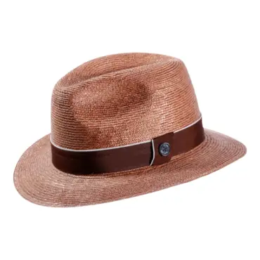 Fedora Strohhut in Nougat mit braunem Band und Risa Knopf