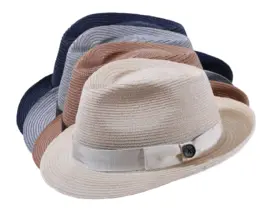 Sommerhut Trilby aus Hanf in Vanille, Braun, Marine und Grau mit Rebsband