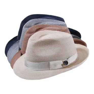 Sommerhut Trilby aus Hanf in Vanille, Braun, Marine und Grau mit Rebsband