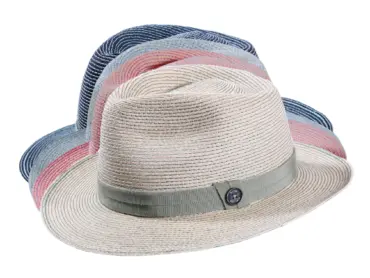 Fedora-Strohhut aus Hanf zweifarbig in Vanille, Apricot, Silber und Marine mit farbigem Hutband