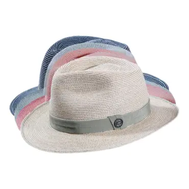 Fedora-Strohhut aus Hanf zweifarbig in Vanille, Apricot, Silber und Marine mit farbigem Hutband