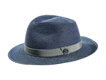Fedora-Strohhut aus Hanf zweifarbig in Vanille, Apricot, Silber und Marine mit farbigem Hutband
