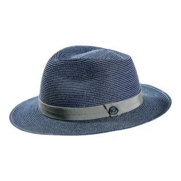 Fedora-Strohhut aus Hanf zweifarbig in Vanille, Apricot, Silber und Marine mit farbigem Hutband