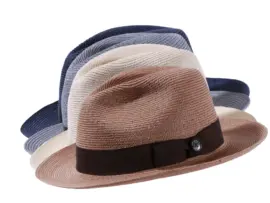 Strohhut Fedora aus Hanf Vanille, Nougat, Navy, Silber, mit Rebsband