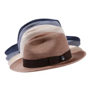 Strohhut Fedora aus Hanf Vanille, Nougat, Navy, Silber, mit Rebsband
