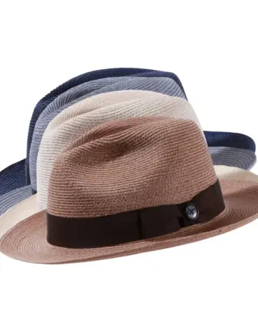 Strohhut Fedora aus Hanf Vanille, Nougat, Navy, Silber, mit Rebsband
