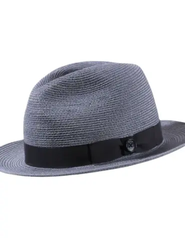 Strohhut Fedora aus Hanf Vanille, Nougat, Navy, Silber, mit Rebsband