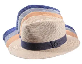 Fedora Sommerhut aus Hanf mit blauem Baumwollband in Naturtönen