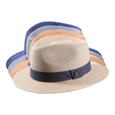 Fedora Sommerhut aus Hanf mit blauem Baumwollband in Naturtönen