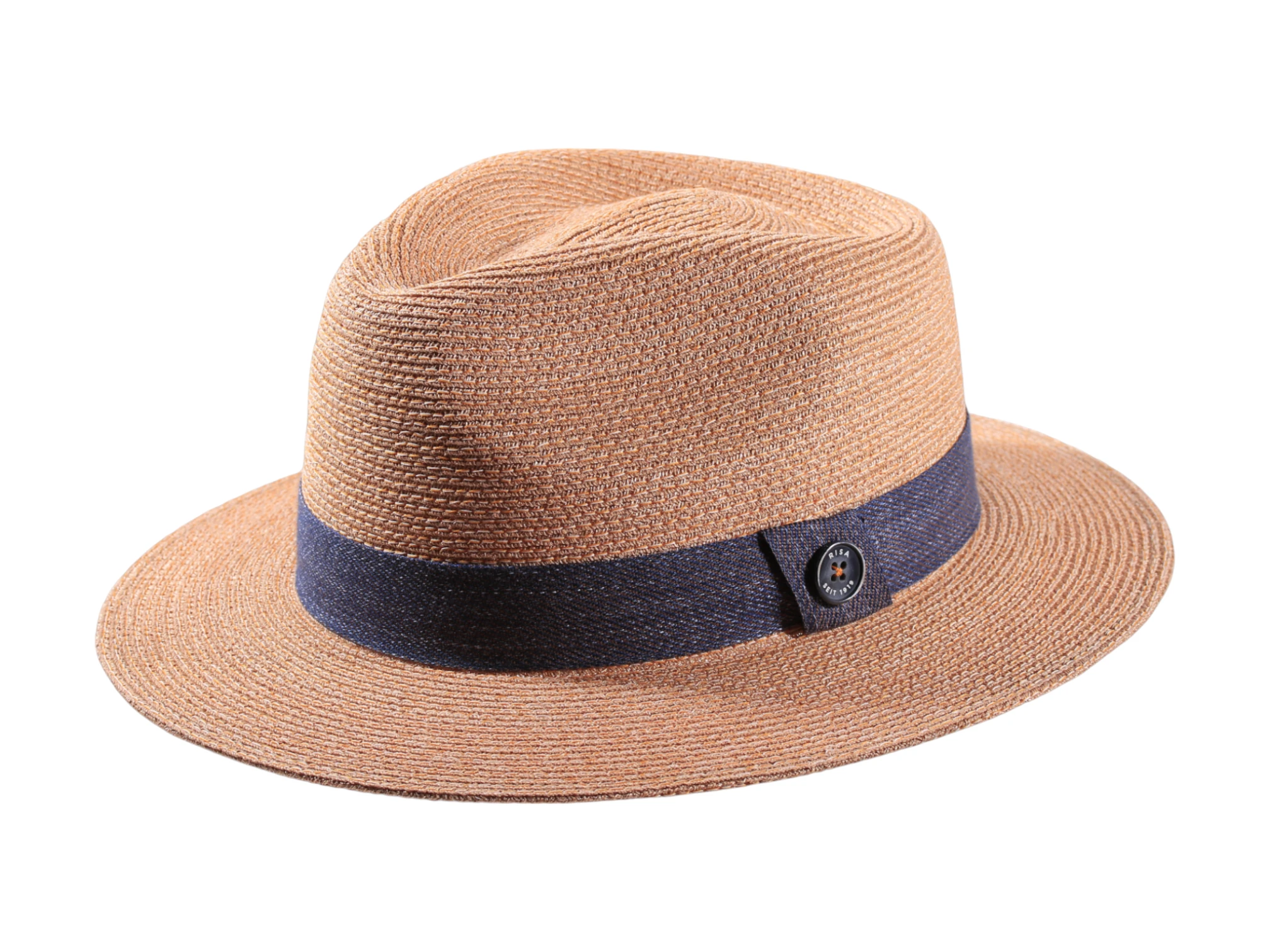 Fedora Sommerhut aus Hanf mit blauem Baumwollband in Naturtönen