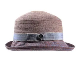 Rollbarer Sommerhut aus Hanf/Seide mit blauem Stoffrand und Leinenband