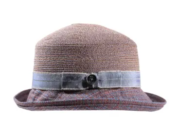 Rollbarer Sommerhut aus Hanf/Seide mit blauem Stoffrand und Leinenband