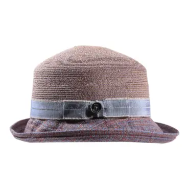 Rollbarer Sommerhut aus Hanf/Seide mit blauem Stoffrand und Leinenband