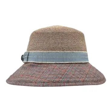 Rollbarer Sommerhut aus Hanf/Seide mit blauem Stoffrand und Leinenband