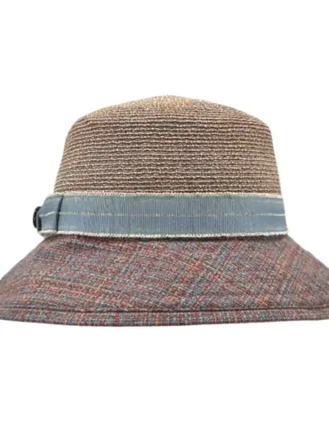 Rollbarer Sommerhut aus Hanf/Seide mit blauem Stoffrand und Leinenband