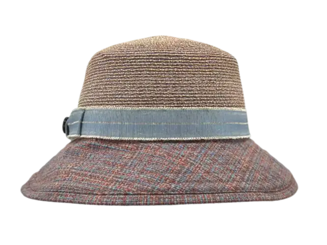 Rollbarer Sommerhut aus Hanf/Seide mit blauem Stoffrand und Leinenband