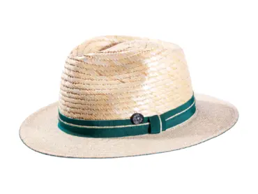 Fedora Sommerhut aus Naturstroh mit petrolfarbenem Rebsband und Risa-Knopf