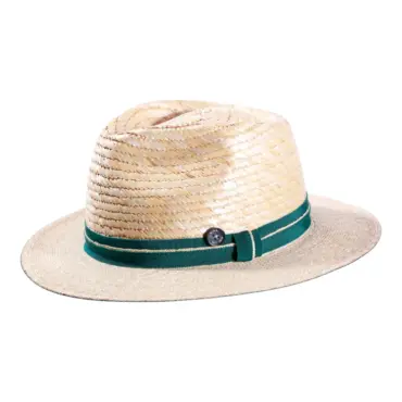 Fedora Sommerhut aus Naturstroh mit petrolfarbenem Rebsband und Risa-Knopf