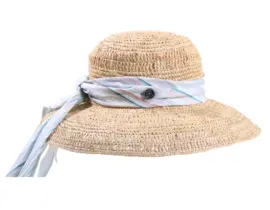 Damenhut aus Raffia mit gestreiftem Textilband in Pastellfarben