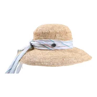 Damenhut aus Raffia mit gestreiftem Textilband in Pastellfarben