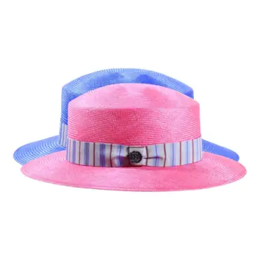 Damenhut Cloche aus Parasisol in Pink oder Gucci-Blau mit gestreiftem Seidenband