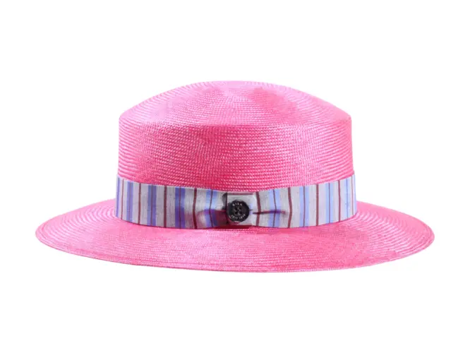 Damenhut Cloche aus Parasisol in Pink oder Gucci-Blau mit gestreiftem Seidenband