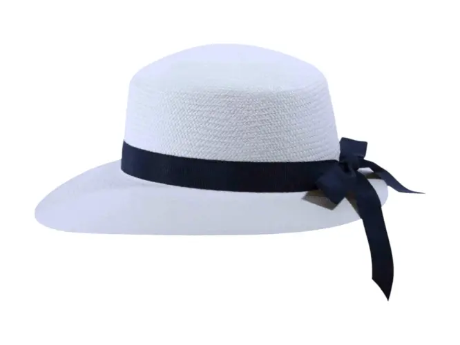 Sommerlicher Damenhut „Liegestuhlhut Panama“ aus Panamastroh mit Rebsband in Beige oder Marine