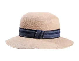 Damenhut Cloche Raffia gehäkelt fein mit gestreifter Leinengarnitur in Natur/Marine.