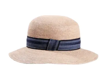 Damenhut Cloche Raffia gehäkelt fein mit gestreifter Leinengarnitur in Natur/Marine.